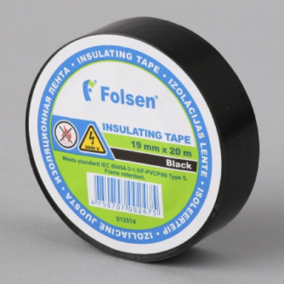 Изолента 19мм х 20м черная пламягасящая Folsen 012514